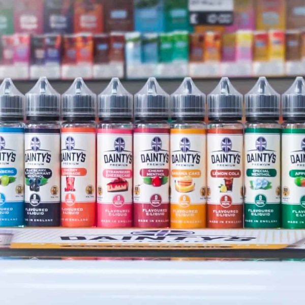 dainty's range of e-liquids, on a shelf in an Eco-Vape store.