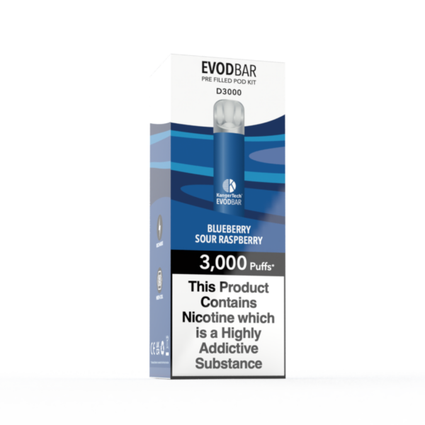 evod d3000 pre-filled vape pod kit in blueberry sour raspberry flavour