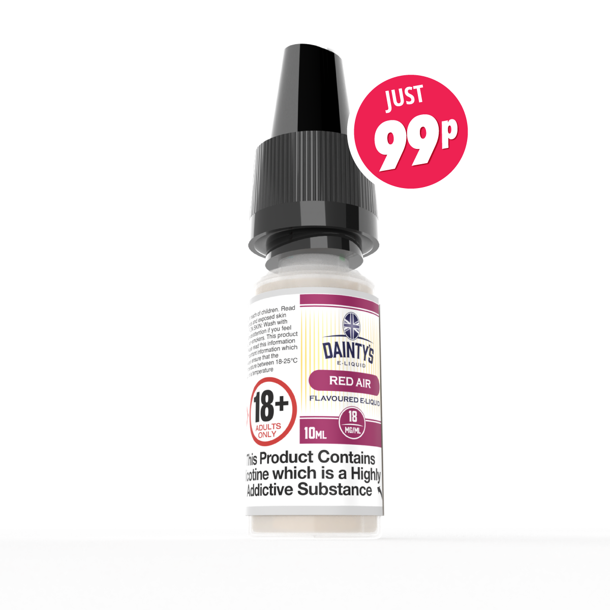 studio shot of Daintys 10ml vape juice - red air e-liquid freebase 99p sale