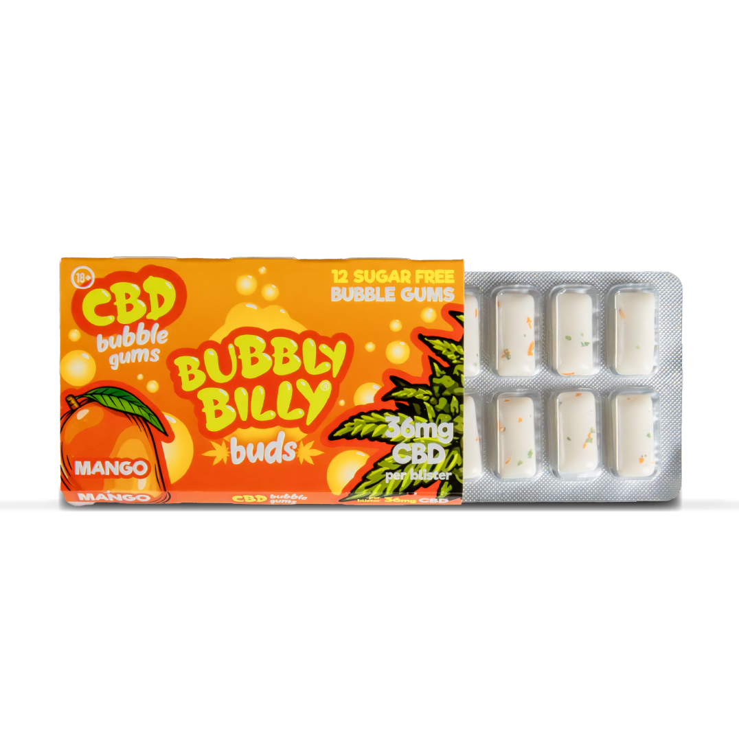 Mango Bubbly Billy Buds CBD Chewing Gum Foil Blister Pack Inside